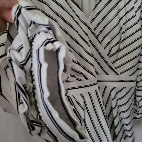 Du Jour QVC Blouse wrap side zip Sz 16 B/W stripes Rayon BOHO Chic puff playful - Picture 5 of 16